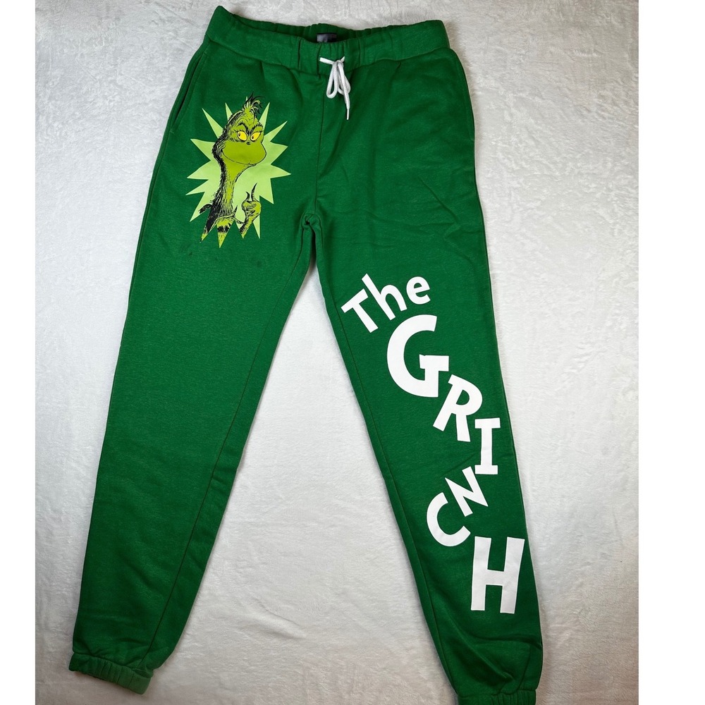 Dr Seuss The Grinch Mens Green Graphic Fleece Jogger Sweatpants Medium NWOT